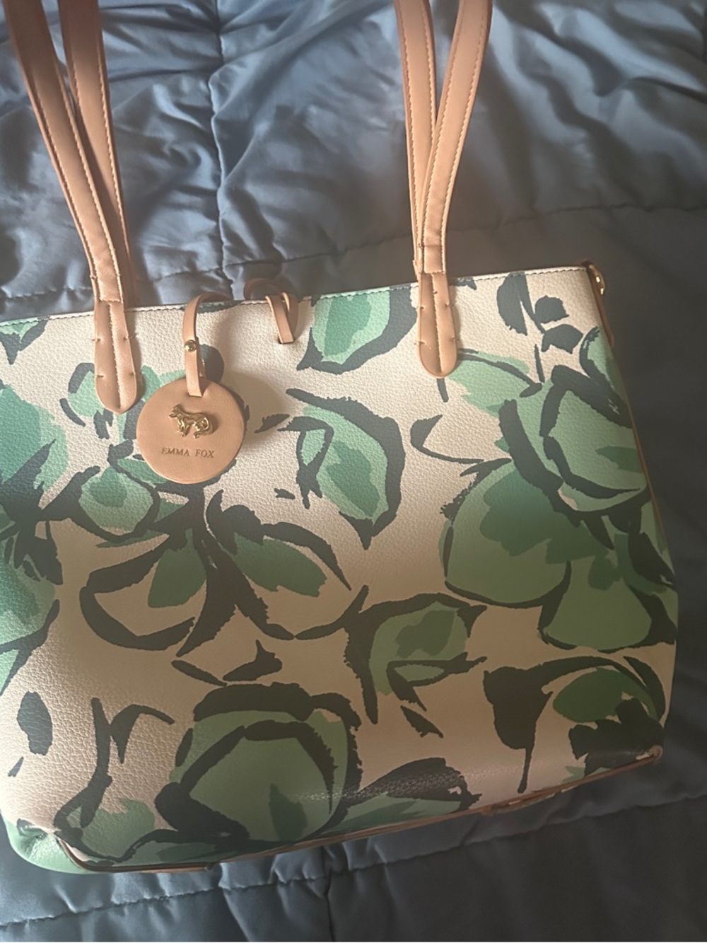 Emma Fox Cream Tote with Green Floral Print and Tan Straps - Picture 4 of 5